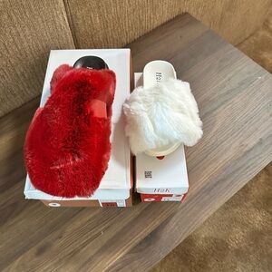 Women’s slippers, red and white fluffy fur warm and comfortable